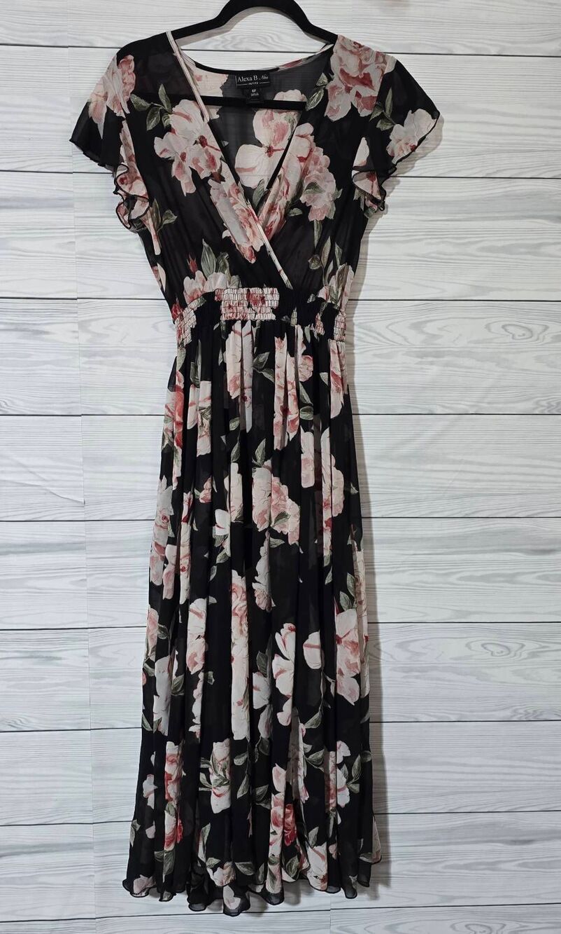 Alexa B Nites Black Floral Shift Maxi Dress 6P Party Event Boho Cocktail
